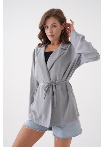 Kadın Gri Bağcık Detaylı Astarsız Modal Ceket 29081