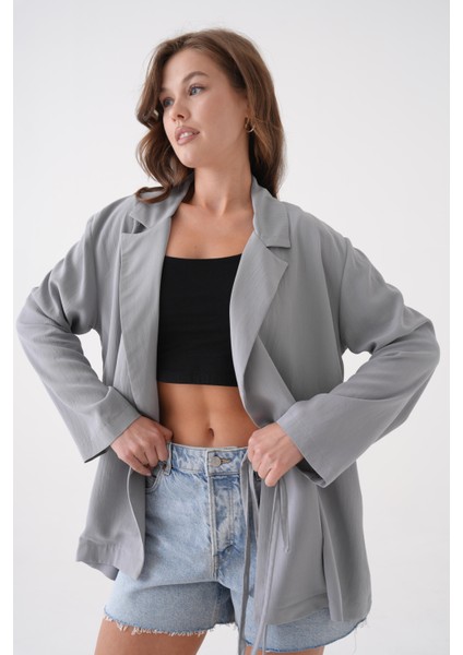 Kadın Gri Bağcık Detaylı Astarsız Modal Ceket 29081 fiyatları
