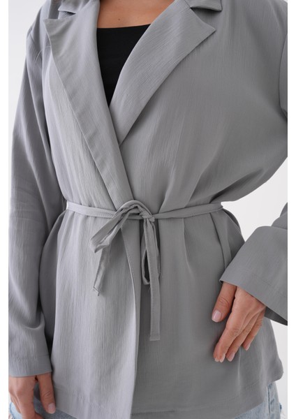Kadın Gri Bağcık Detaylı Astarsız Modal Ceket 29081 modelleri