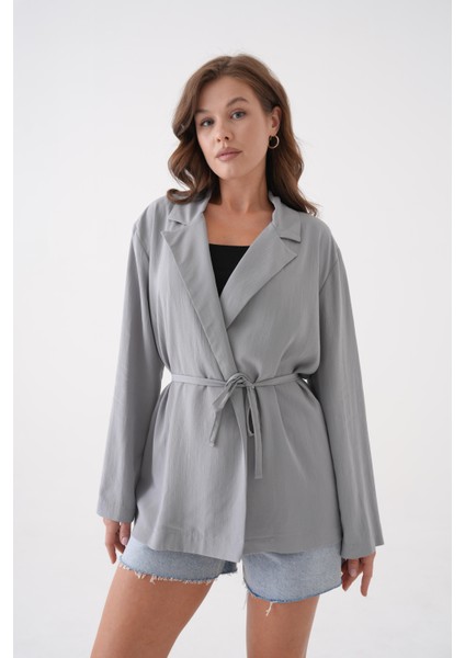 Kadın Gri Bağcık Detaylı Astarsız Modal Ceket 29081 fırsatları