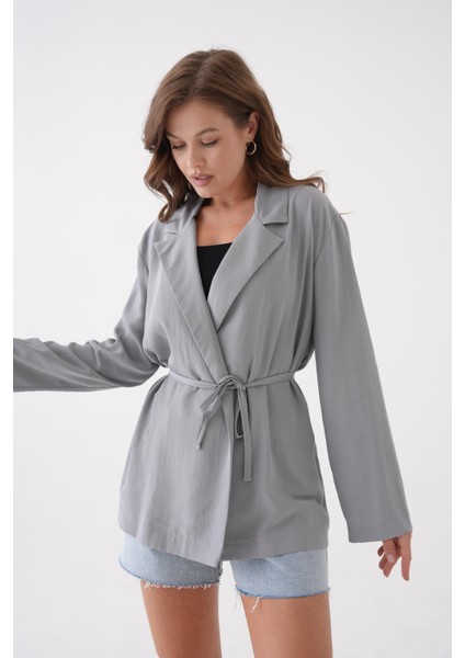 Kadın Gri Bağcık Detaylı Astarsız Modal Ceket 29081 indirimleri