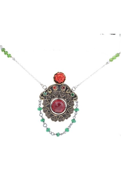 925 Ayar Gümüş Ve Bronz Karışımı Gül Mercan Taşlı Otantik Kolye fiyatları