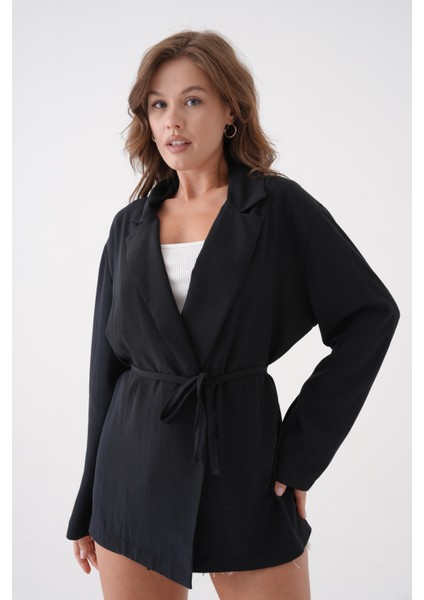 Kadın Siyah Bağcık Detaylı Astarsız Modal Ceket 29081 fiyatları