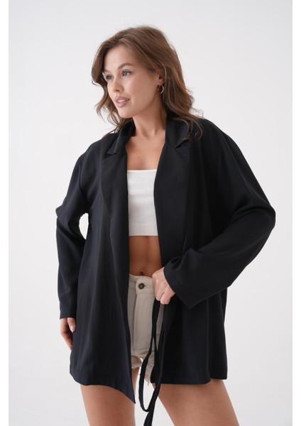 Kadın Siyah Bağcık Detaylı Astarsız Modal Ceket 29081 fırsatları