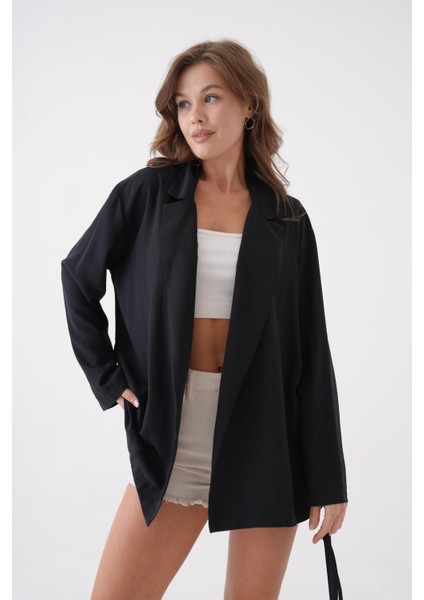 Kadın Siyah Bağcık Detaylı Astarsız Modal Ceket 29081 indirimleri