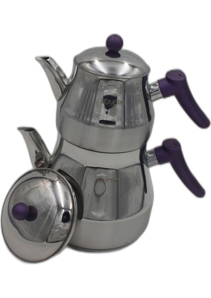 Mor büyük boy paslanmaz çaydanlık, dayanıklı bakalit kulp, şık ve kullanışlı tasarım