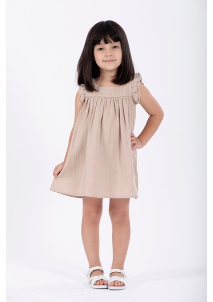 Bisiklet Yaka Fırfır Kol Omuzları Fırfırlı Bej Renk Kız Çocuk Elbıse fiyatları