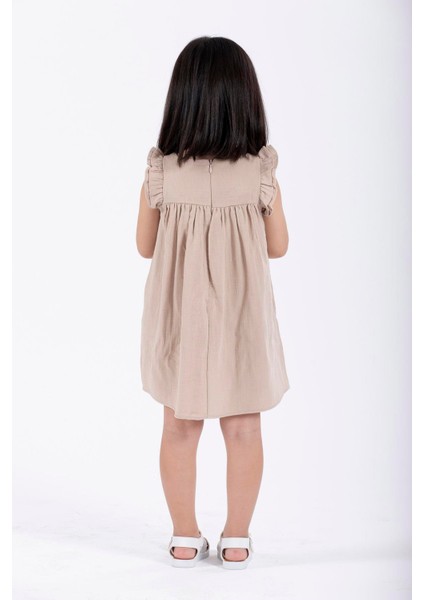 Bisiklet Yaka Fırfır Kol Omuzları Fırfırlı Bej Renk Kız Çocuk Elbıse modelleri