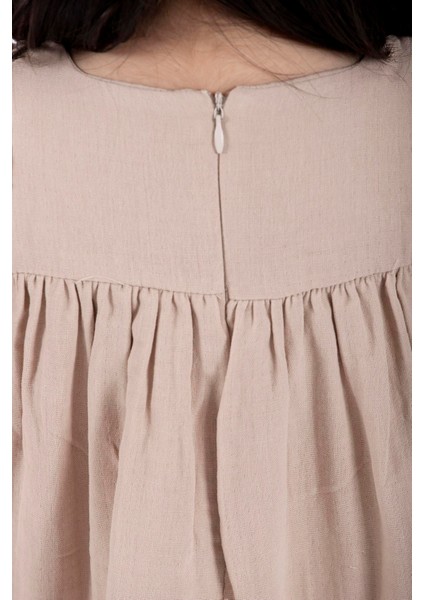 Bisiklet Yaka Fırfır Kol Omuzları Fırfırlı Bej Renk Kız Çocuk Elbıse fırsatları