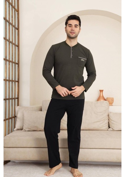 Erkek Bisiklet Yaka 3 Düğmeli Göğüs Cepli Pamuk Likra Mevsimlik Uzun Kol Pijama Takımı modelleri