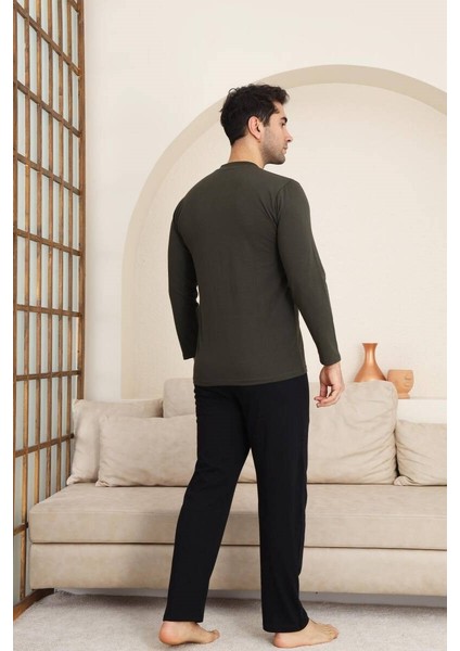 Erkek Bisiklet Yaka 3 Düğmeli Göğüs Cepli Pamuk Likra Mevsimlik Uzun Kol Pijama Takımı indirimleri