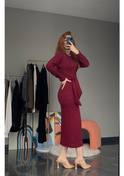 Yandan Bağlama Detaylı Elbise Bordo