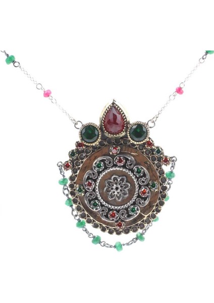 925 Ayar Gümüş Ve Bronz Karışımı Yakut Ve Zümrüt Taşlı Antik Desenli Otantik Kolye