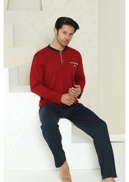 Erkek Bisiklet Yaka 3 Düğmeli Göğüs Cepli Pamuk Likra Mevsimlik Uzun Kol Pijama Takımı