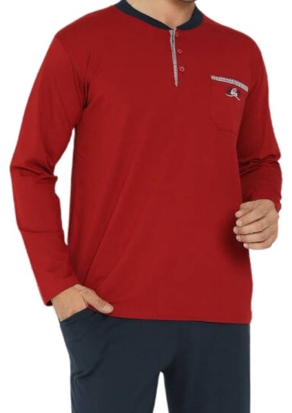 Erkek Bisiklet Yaka 3 Düğmeli Göğüs Cepli Pamuk Likra Mevsimlik Uzun Kol Pijama Takımı fiyatları