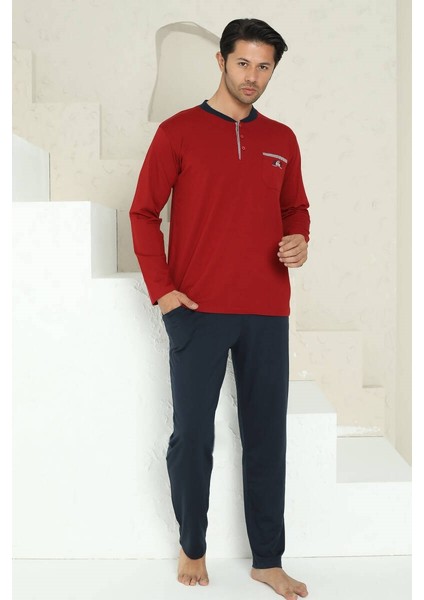 Erkek Bisiklet Yaka 3 Düğmeli Göğüs Cepli Pamuk Likra Mevsimlik Uzun Kol Pijama Takımı fırsatları
