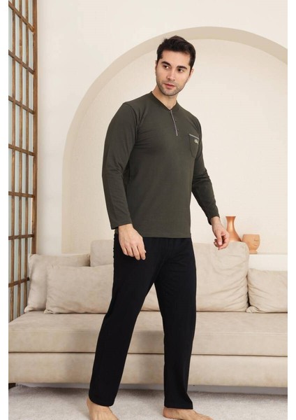 Erkek Bisiklet Yaka 3 Düğmeli Göğüs Cepli Pamuk Likra Mevsimlik Uzun Kol Pijama Takımı fırsatları