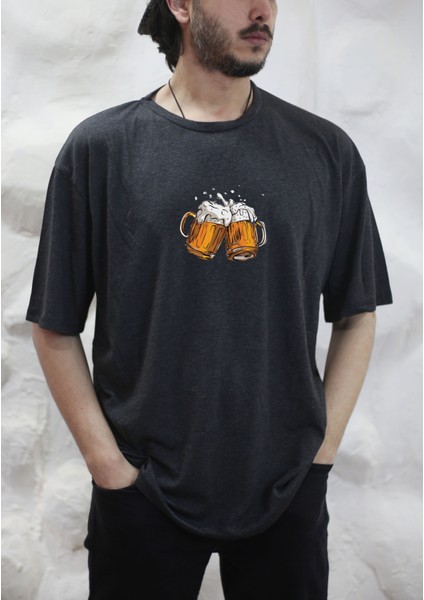Beer Bira Cheers Baskılı Bisiklet Yaka Oversize Antrasit Tişört T-Shirt