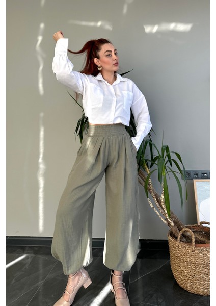 Beli ve Paçası Lastikli Yüksek Bel Yeşil Şalvar Kesim Pantolon