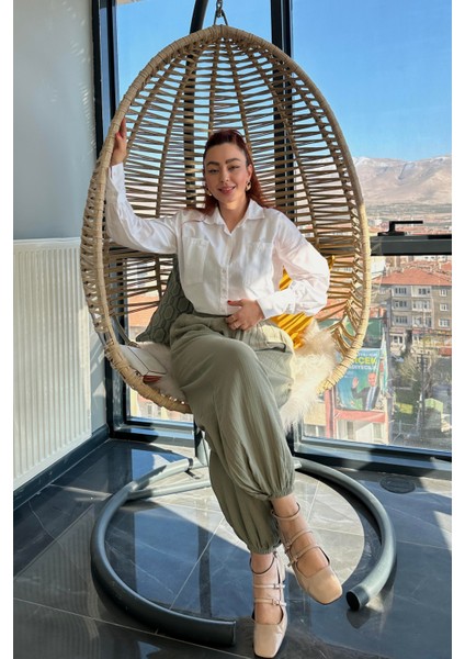 Beli ve Paçası Lastikli Yüksek Bel Yeşil Şalvar Kesim Pantolon modelleri