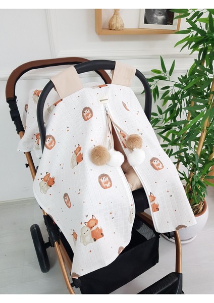 Tilkili Büyük Ponponlu Çift Taraflı Fermuarlı Bebek Puset Örtüsü ve Çift Taraflı Puset Minderi