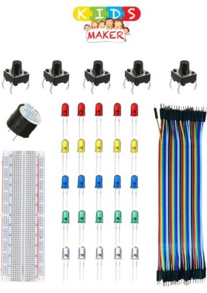 Kids Maker 5’li Set: Büyük Breadboard 5mm LED Erkek-Erkek Jumper Buzzer Buton