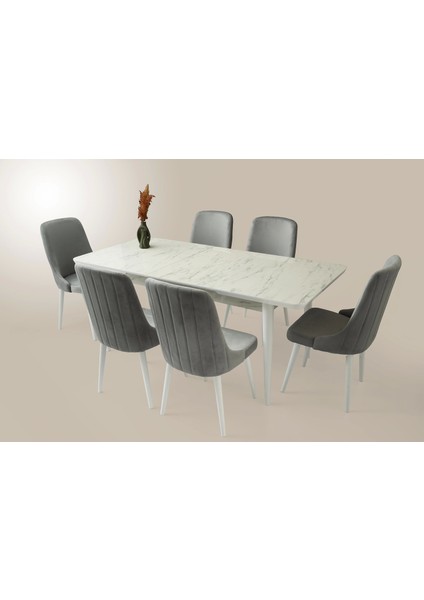 Kelebek Marmo Ahşap Salon Yemek Masa Takımı 6 Sahra Sandalyeli Ortadan Açılır Büyüyen 90 x 160 cm Mermer Desen
