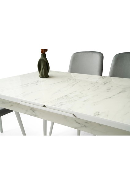 Kelebek Marmo Ahşap Salon Yemek Masa Takımı 6 Sahra Sandalyeli Ortadan Açılır Büyüyen 90 x 160 cm Mermer Desen