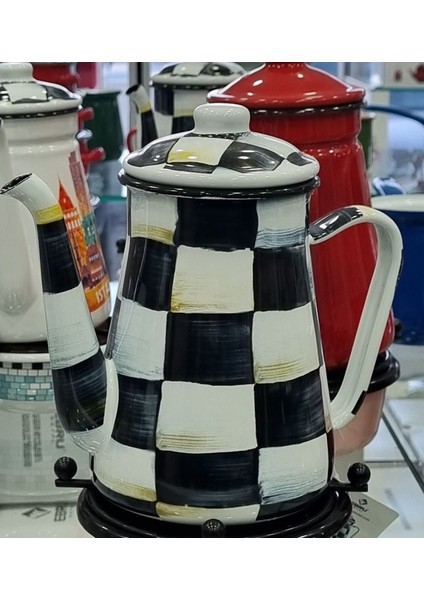 Damalı emaye kahve demliği, 1,2 L, kapaklı, şık ve dayanıklı tasarım