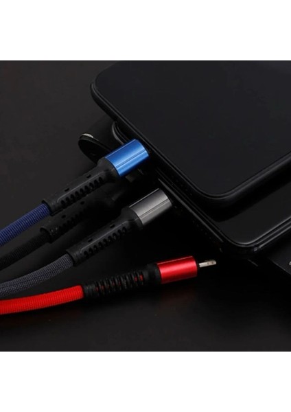 ® Işıklı Anahtarlık Model 3 In 1 USB Çıkışlı Mikro,type-C ve Iphone Uyumlu Şarj Kablosu