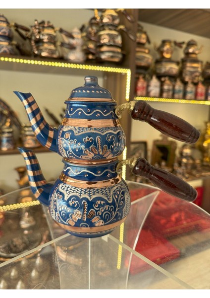 Erzincan İşlemeli Gerçek Bakır Çaydanlık - Demlik Seti 2 Kişilik El Yapımı Kalaylı Mavi