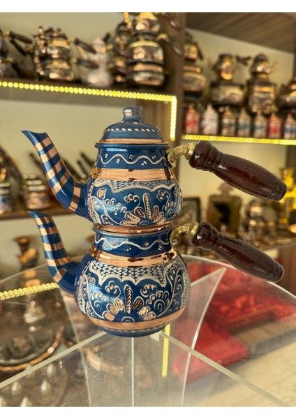 Erzincan İşlemeli Gerçek Bakır Çaydanlık - Demlik Seti 2 Kişilik El Yapımı Kalaylı Mavi