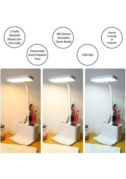 ® Kalemlikli Usbli Dokunmatik 3 Kademeli 360 Derece Özel Göz Korumalı LED Lityum Masa Lambası