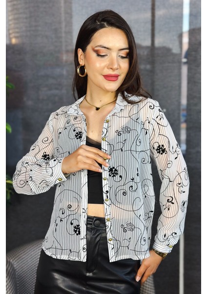 Kadın Beyaz Siyah Transparan Çizgili Kadife Desenli Şık Uzun Kollu Gömlek