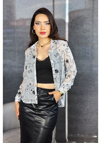 Kadın Beyaz Siyah Transparan Çizgili Kadife Desenli Şık Uzun Kollu Gömlek fiyatları