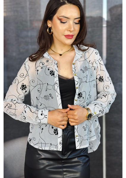 Kadın Beyaz Siyah Transparan Çizgili Kadife Desenli Şık Uzun Kollu Gömlek fırsatları