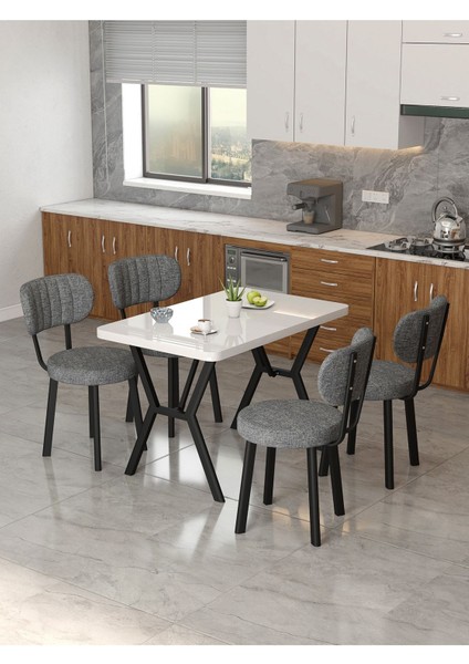 Azra 70 x 110 cm Beyaz Mutfak Masası, Mutfak Masası Takımı, Yemek Masası, 4 Koyu Gri Sandalye