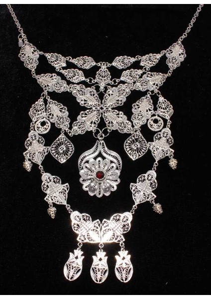 925 Ayar Gümüş Kırmızı Taşlı Telkari Kolye