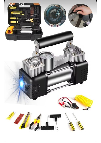 4x4 Turbo Yeni Nesil Motor Çift Pistonlu 12V 150 Psi Araç Lastik Bot Şişirme Kompresörü Pense Set