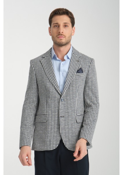 Remos Erkek Lacivert Kazayağı Desenli Esneyen Kumaş Mono Yaka Spor Blazer Ceket