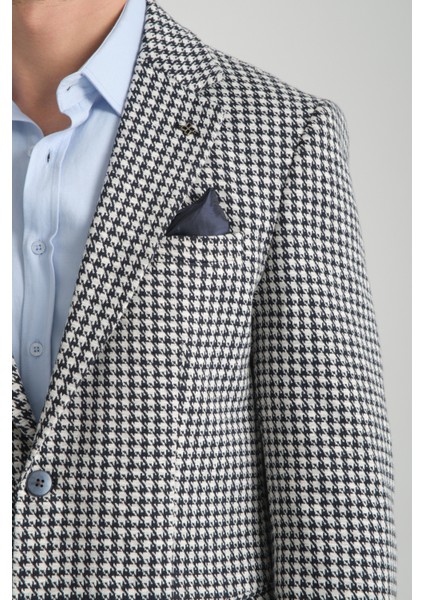 Remos Erkek Lacivert Kazayağı Desenli Esneyen Kumaş Mono Yaka Spor Blazer Ceket