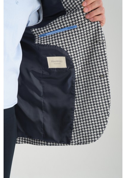 Remos Erkek Lacivert Kazayağı Desenli Esneyen Kumaş Mono Yaka Spor Blazer Ceket
