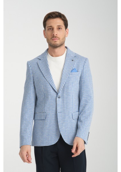 Remos Erkek Mavi Kazayağı Desenli Esneyen Kumaş Mono Yaka Spor Blazer Ceket