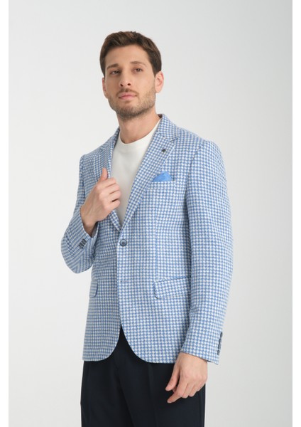 Remos Erkek Mavi Kazayağı Desenli Esneyen Kumaş Mono Yaka Spor Blazer Ceket modelleri