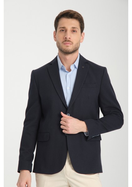 Cafizo Erkek Lacivert Slim Fit Dar Kesim Desenli Yarım Astar Blazer Ceket