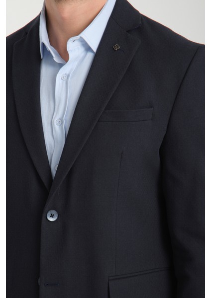 Cafizo Erkek Lacivert Slim Fit Dar Kesim Desenli Yarım Astar Blazer Ceket