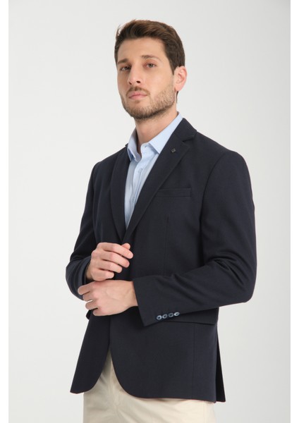 Cafizo Erkek Lacivert Slim Fit Dar Kesim Desenli Yarım Astar Blazer Ceket