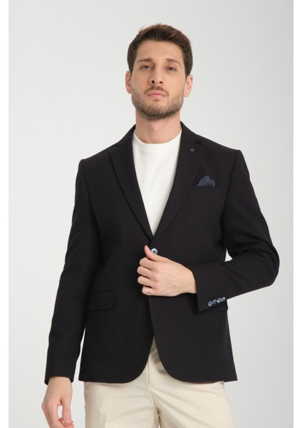 Padure Erkek Koyu Lacivert Slim Fit Dar Kesim Desenli Mevsimlik Blazer Ceket
