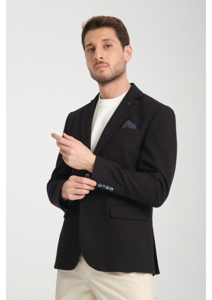 Padure Erkek Koyu Lacivert Slim Fit Dar Kesim Desenli Mevsimlik Blazer Ceket
