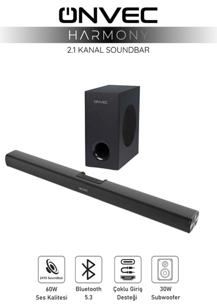Harmony 2.1 Kanal Soundbar Bluetooth 5.3 HDMI Arc USB Optik Girişli Kablolu Subwoofer Ev Sinema Hoparlör Sistemi